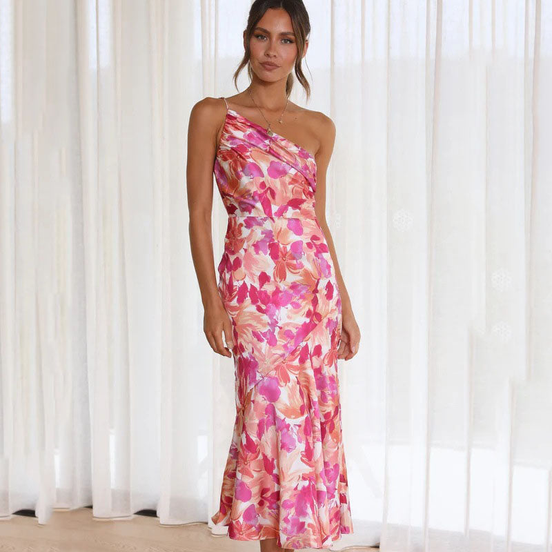 One Strap Pink Floral Leaf Maxi Dress - Modiva Modiva Clothing LTD One Strap Pink Floral Leaf Maxi Dress