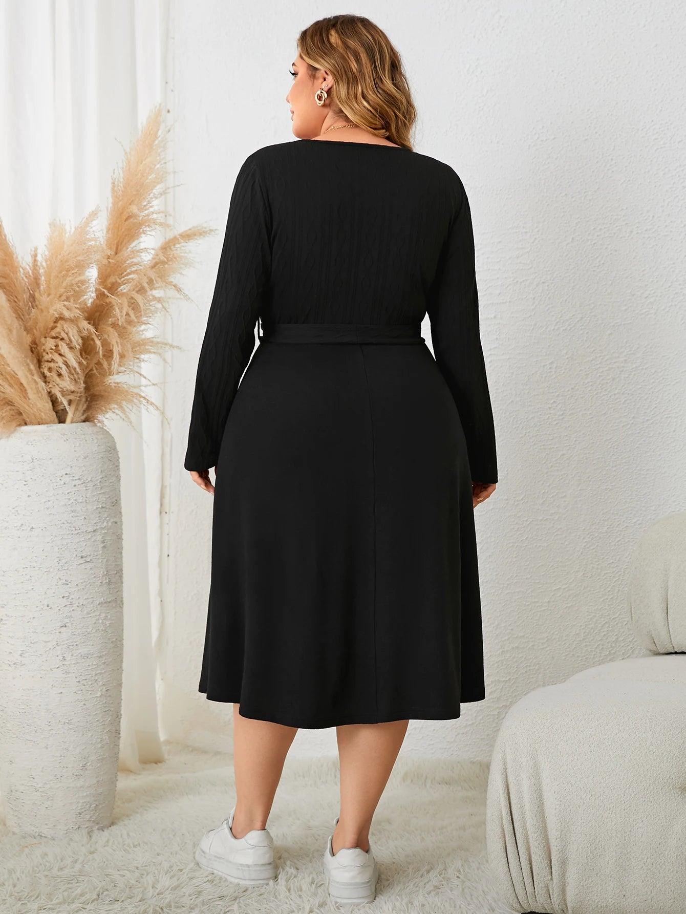 Plus Size Long Sleeve Belt Dress - Modiva Modiva Plus Size Long Sleeve Belt Dress