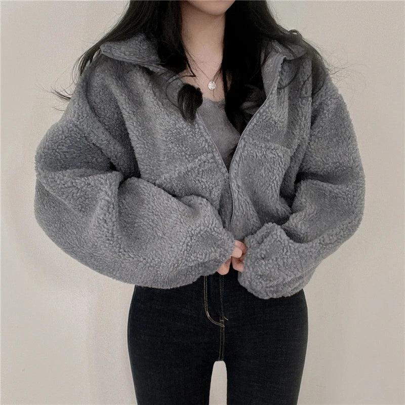 Over-Sized Fluffy Zip-up Collared Jacket - Modiva Modiva Over-Sized Fluffy Zip-up Collared Jacket