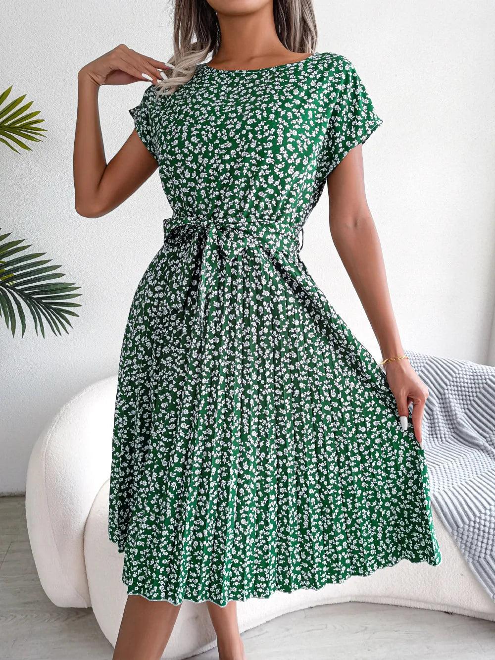 Short Sleeve Pleated Midi Dress