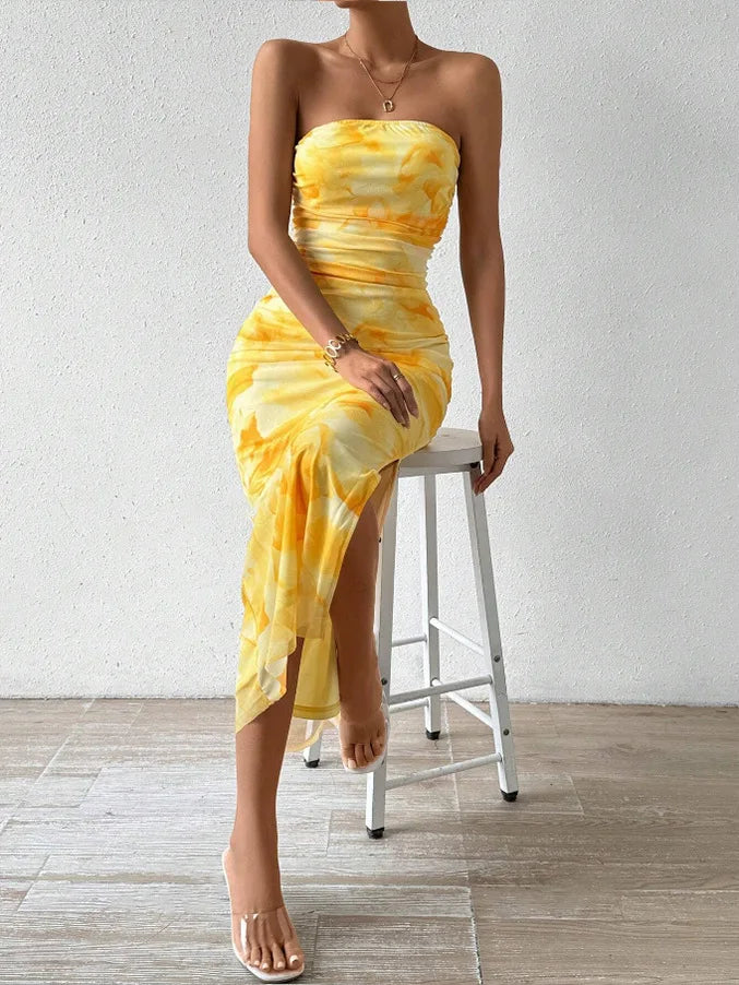 Yellow Marble Strapless Maxi Dress 