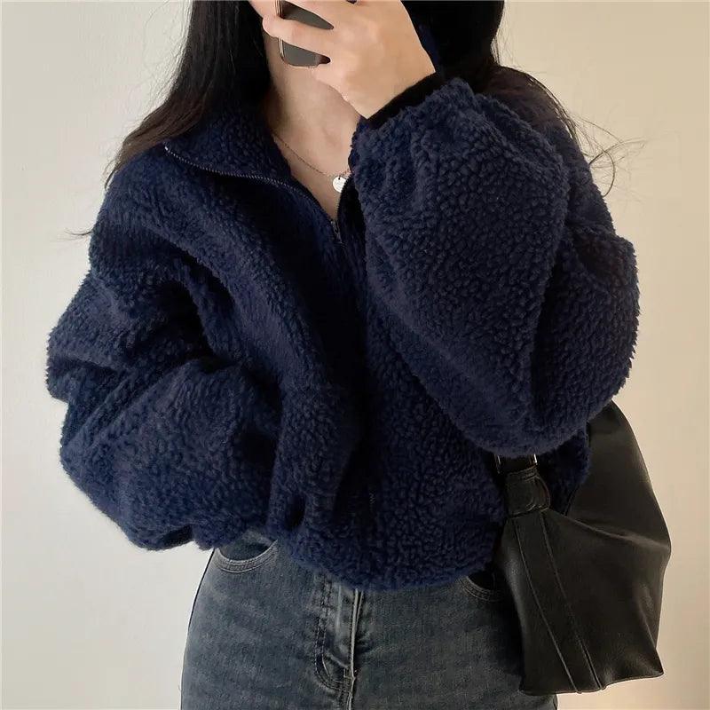 Over-Sized Fluffy Zip-up Collared Jacket - Modiva M / Navy Modiva Over-Sized Fluffy Zip-up Collared Jacket