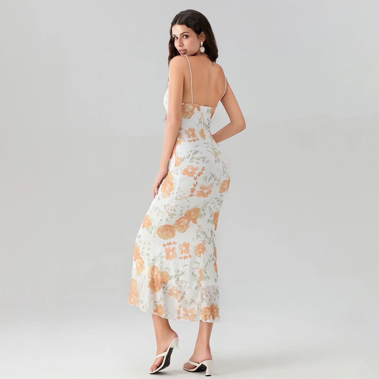 Orange Floral Maxi Cocktail Dress 