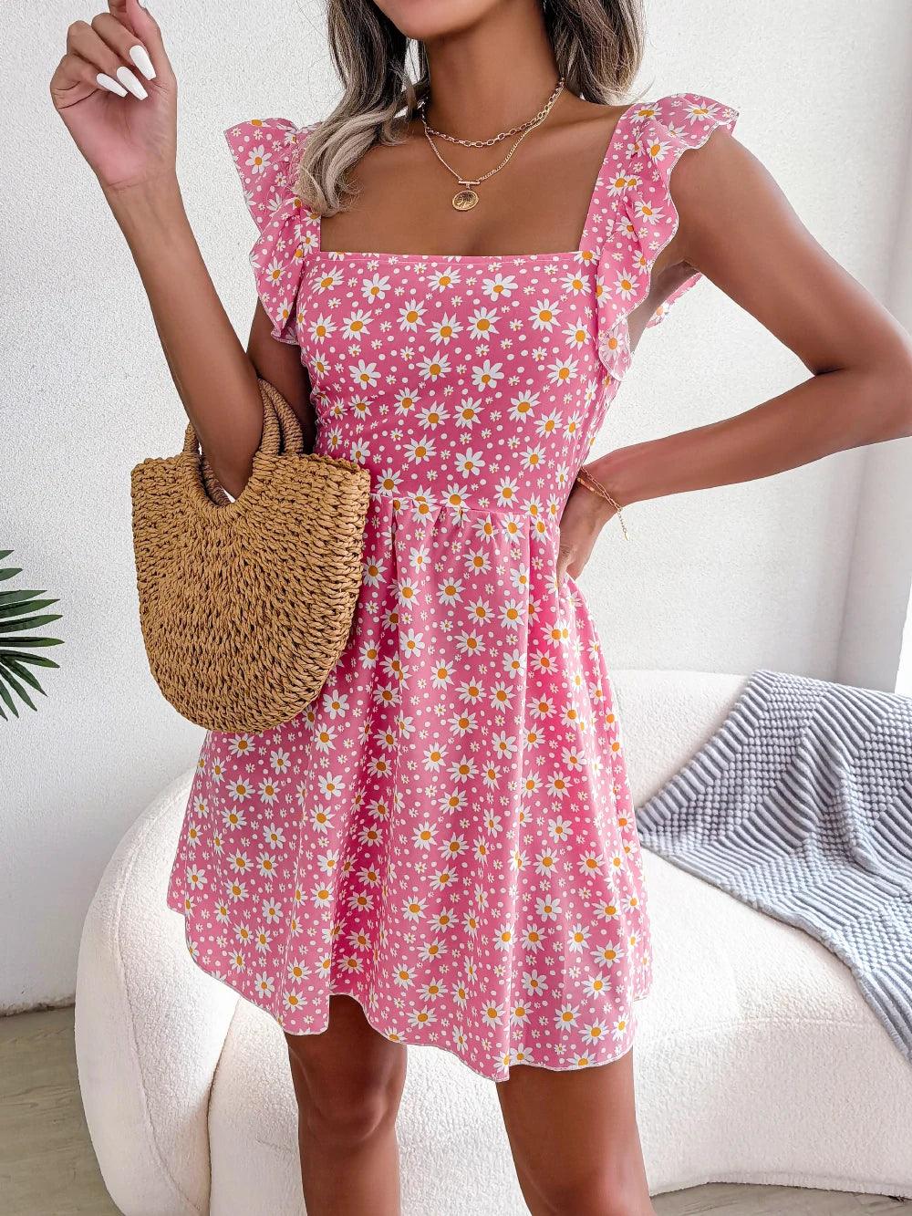 Pink Daisy Short Sleeve Mini Dress