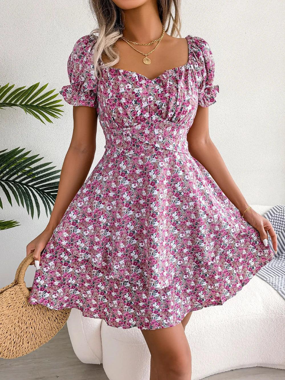 Floral Ruffled Short Sleeve Midi Dress