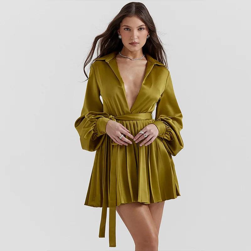 Silk Long Sleeve Pleated Mini Dress - Modiva Modiva Silk Long Sleeve Pleated Mini Dress