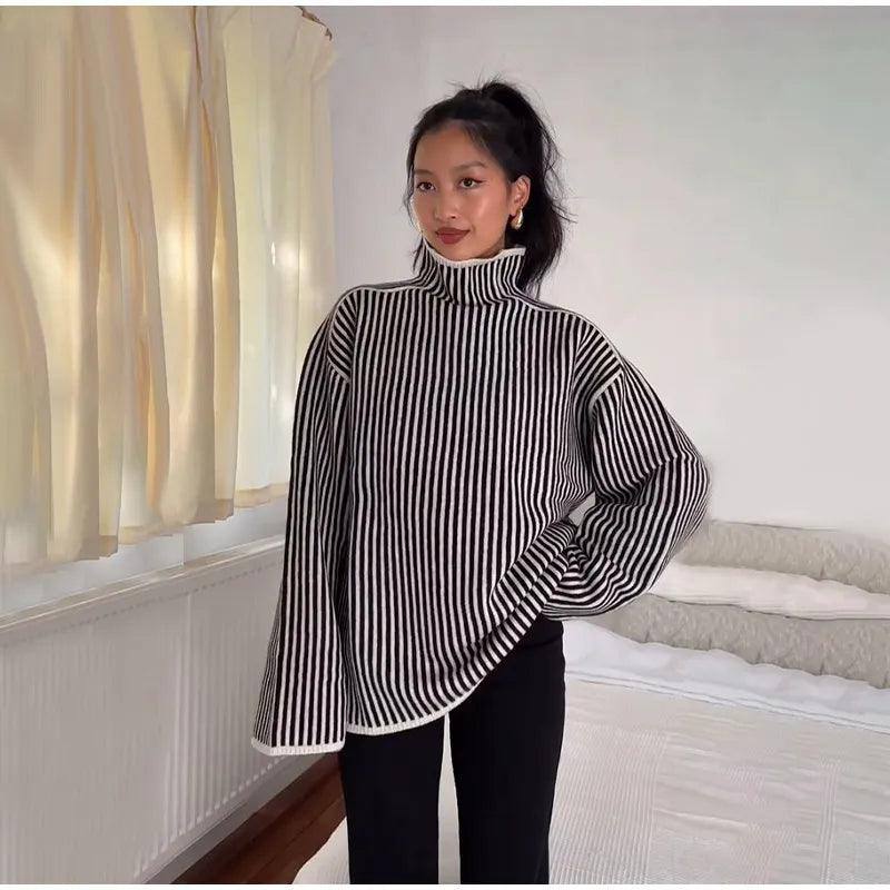 Thick Turtle Neck Striped Sweater - Modiva Modiva Thick Turtle Neck Striped Sweater