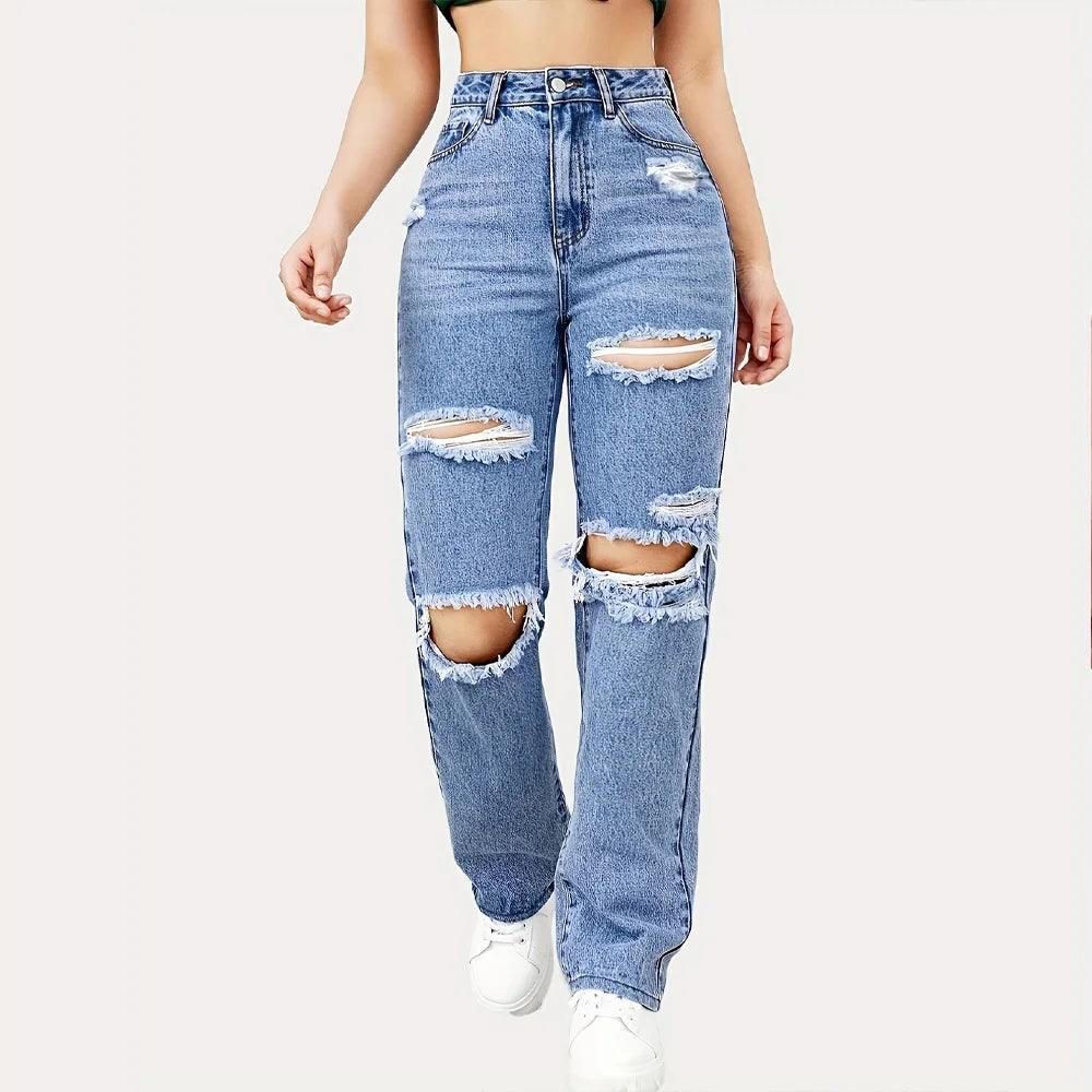 High Waisted Frayed Ripped Jeans