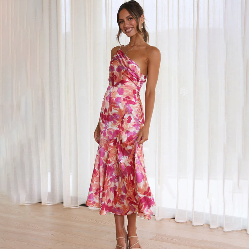 One Strap Pink Floral Leaf Maxi Dress - Modiva Modiva Clothing LTD One Strap Pink Floral Leaf Maxi Dress