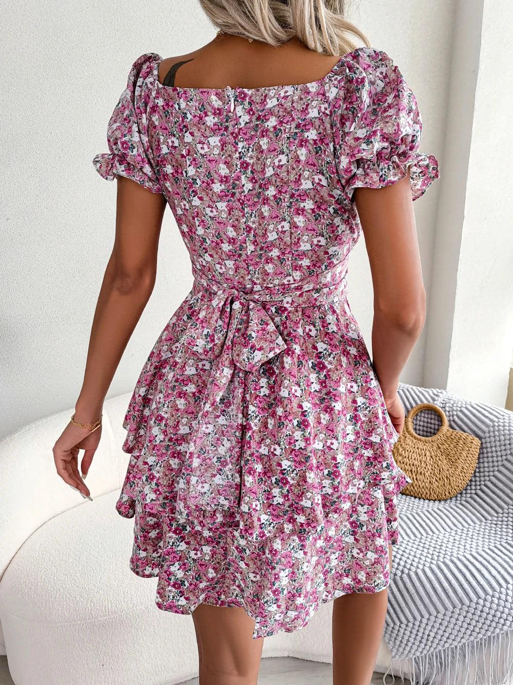 Floral Ruffled Short Sleeve Midi Dress