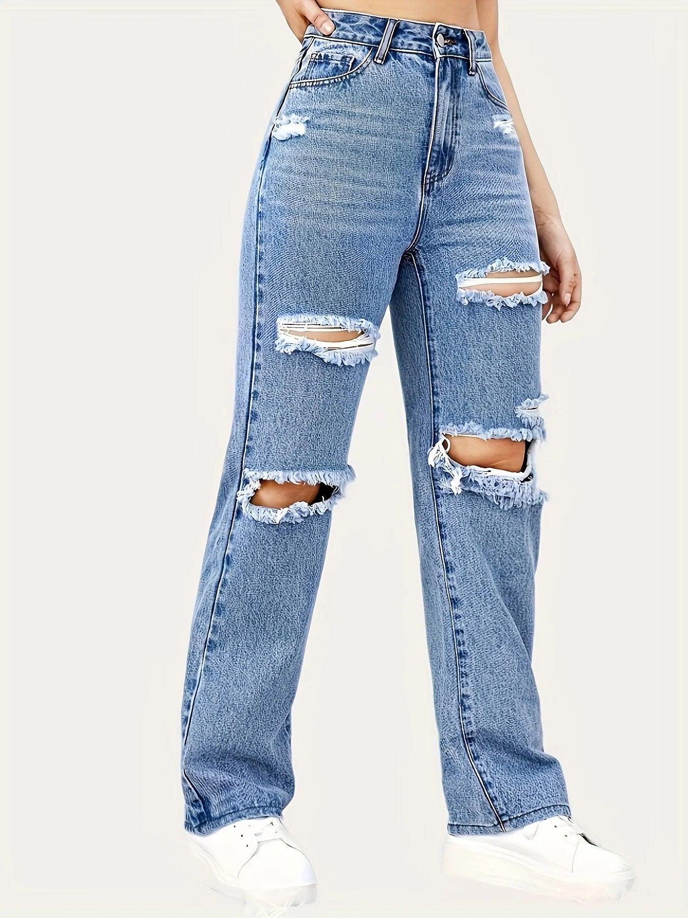 High Waisted Frayed Ripped Jeans