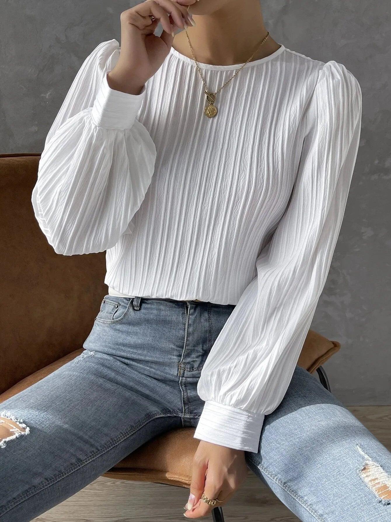 Solid Round Neck Long Sleeve Blouse - Modiva Modiva Solid Round Neck Long Sleeve Blouse