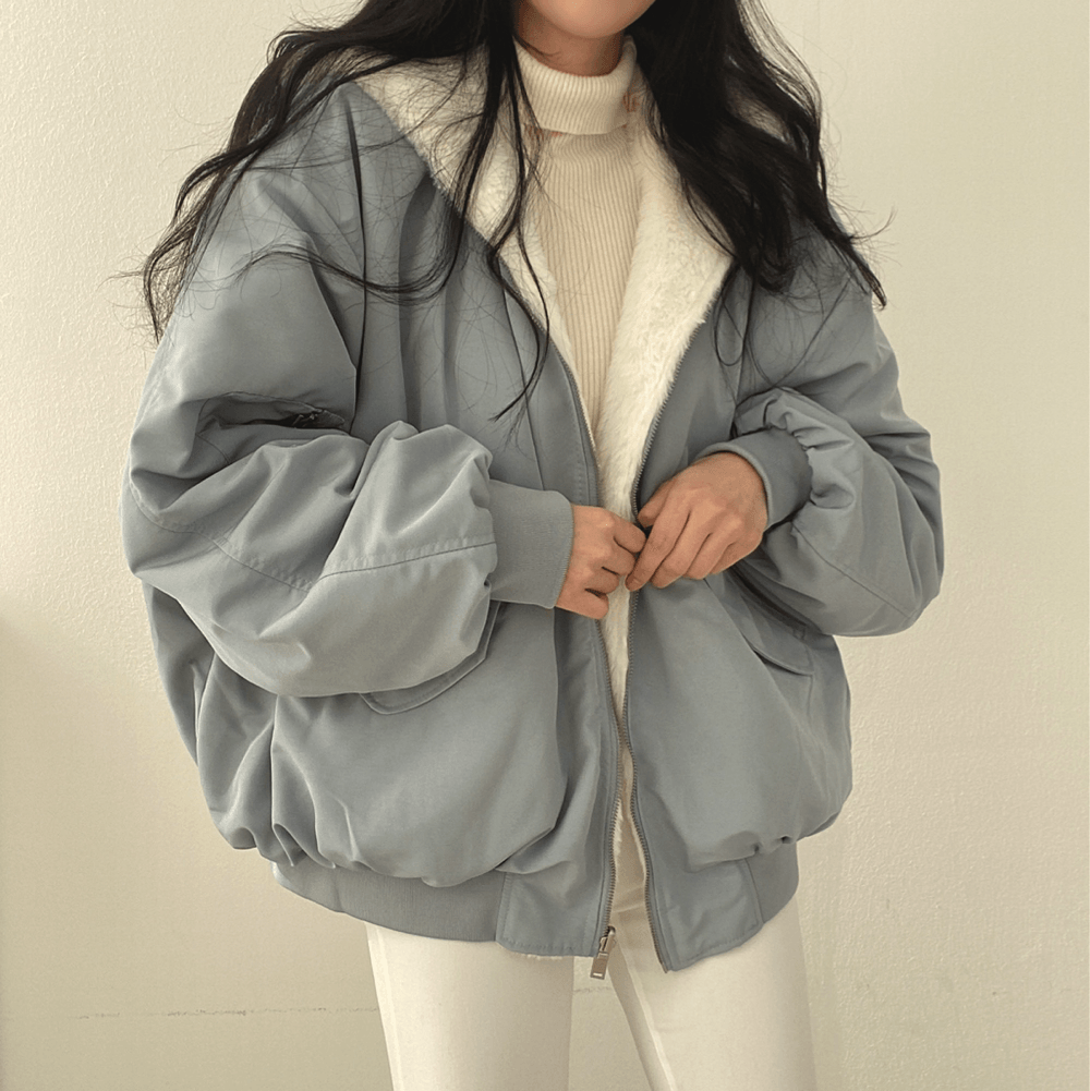 Reversable Fluffy Bomber Jacket - Modiva S / Blue Modiva Reversable Fluffy Bomber Jacket