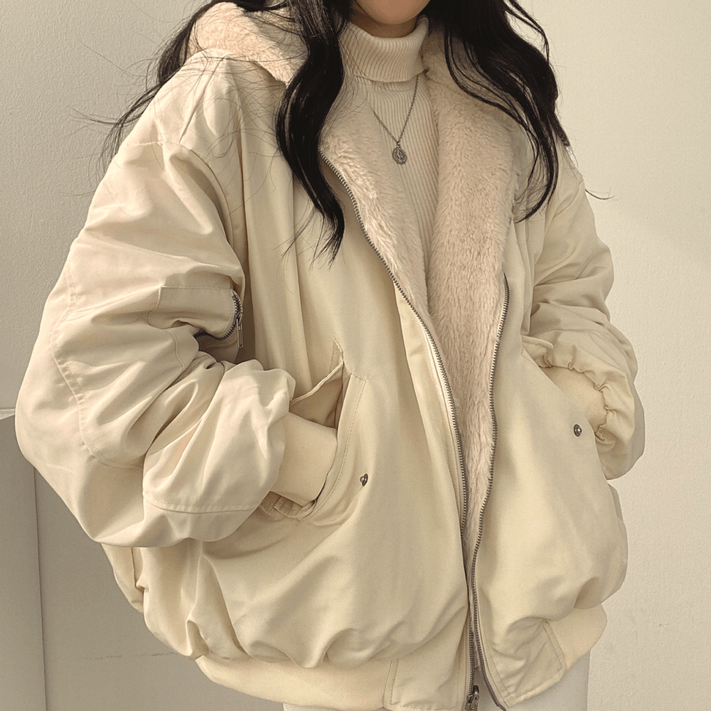 Reversable Fluffy Bomber Jacket - Modiva S / Beige Modiva Reversable Fluffy Bomber Jacket