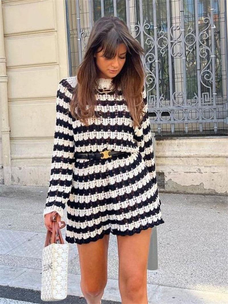 Crochet Black & White Long Sleeve Dress - Modiva Modiva Crochet Black & White Long Sleeve Dress