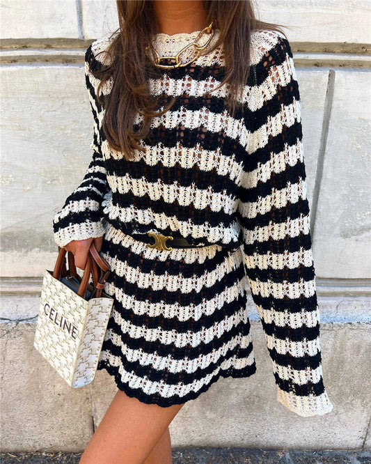 Crochet Black & White Long Sleeve Dress - Modiva Modiva Crochet Black & White Long Sleeve Dress