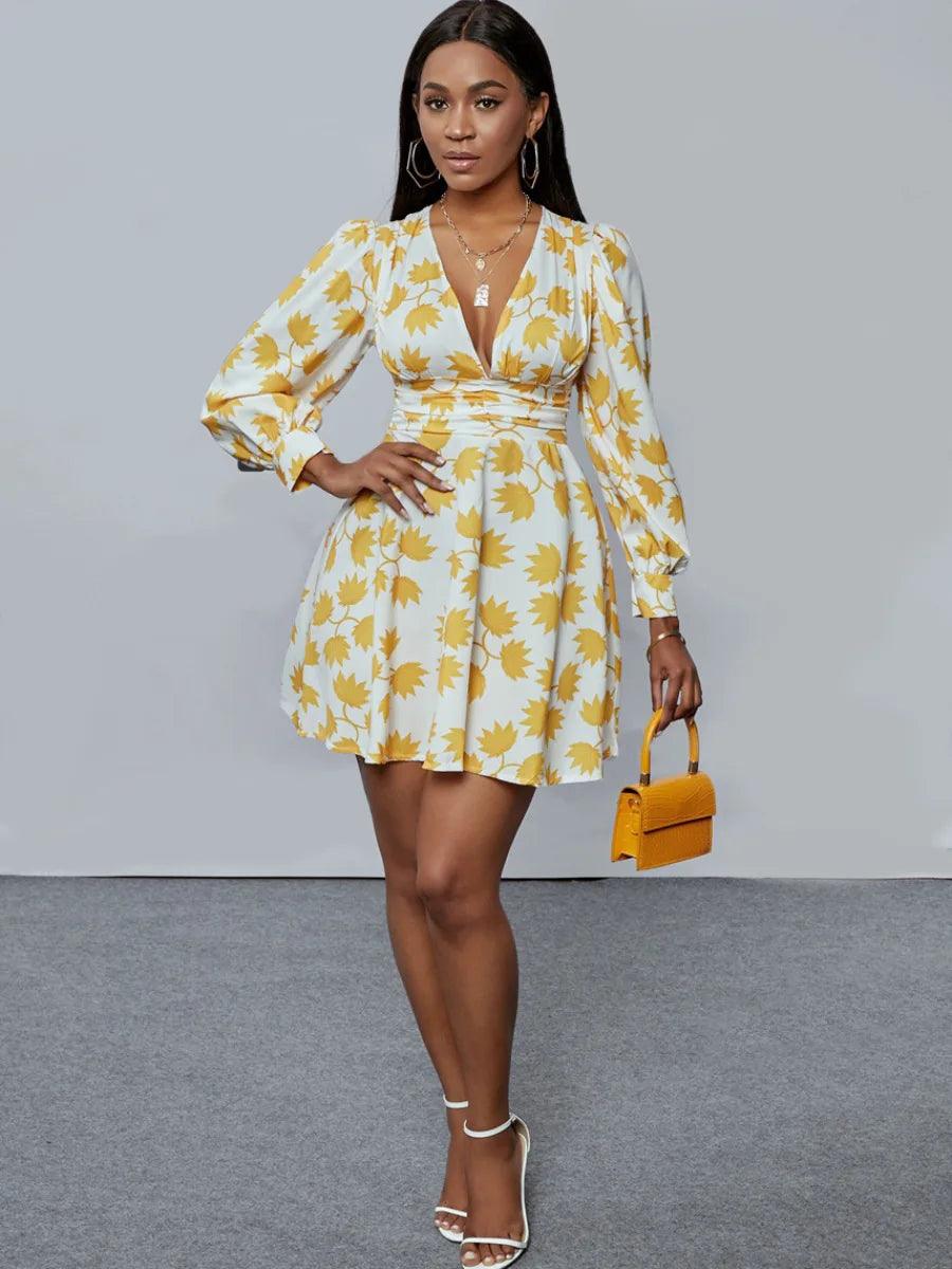 Plus Size White & Yellow Long Sleeve Low Cut Mini Dress