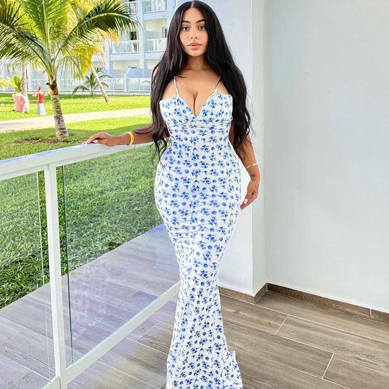 Blue Floral Bodycon Maxi Dress