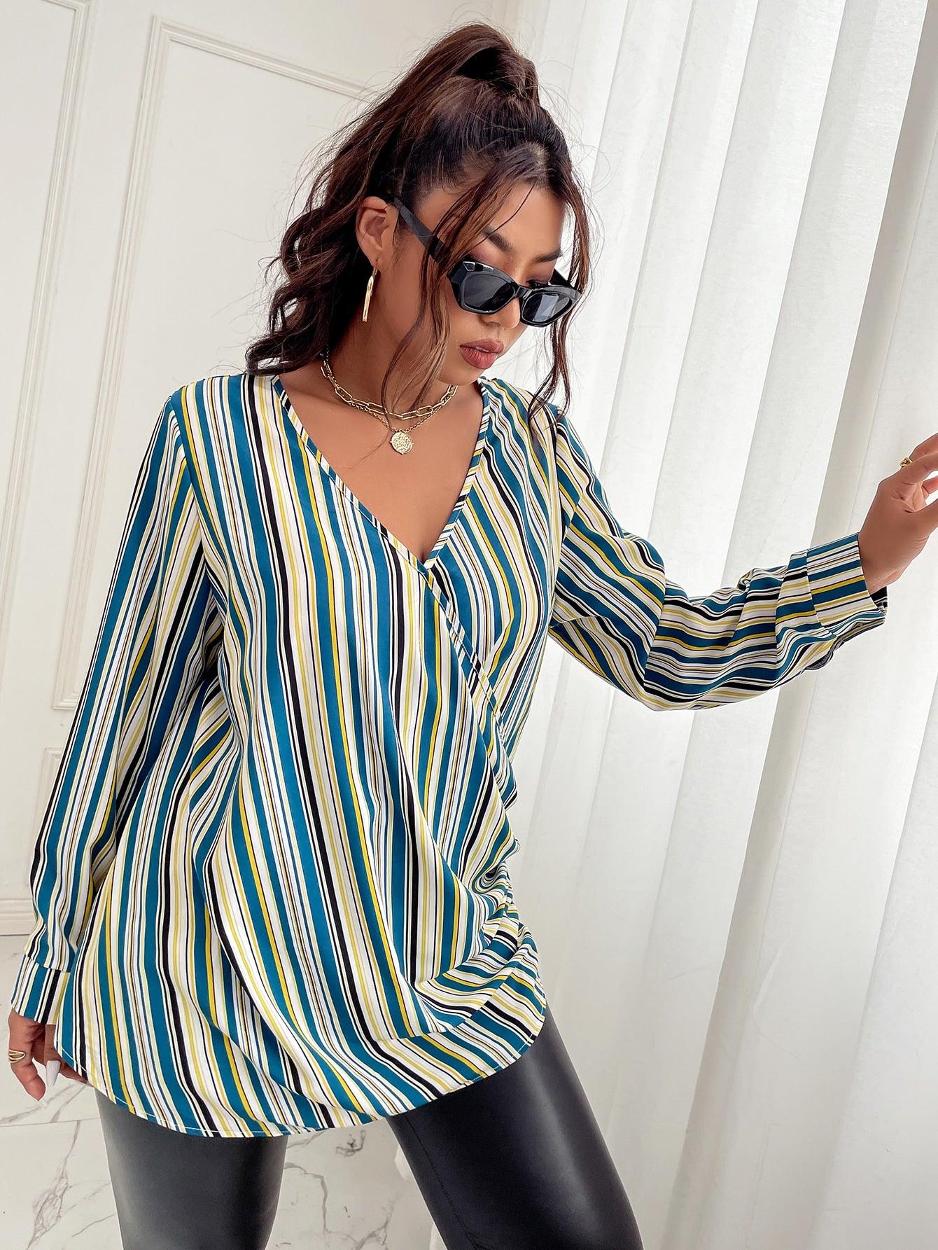 Plus Size Blue & Yellow Long Sleeve Blouse - Modiva Modiva Plus Size Blue & Yellow Long Sleeve Blouse