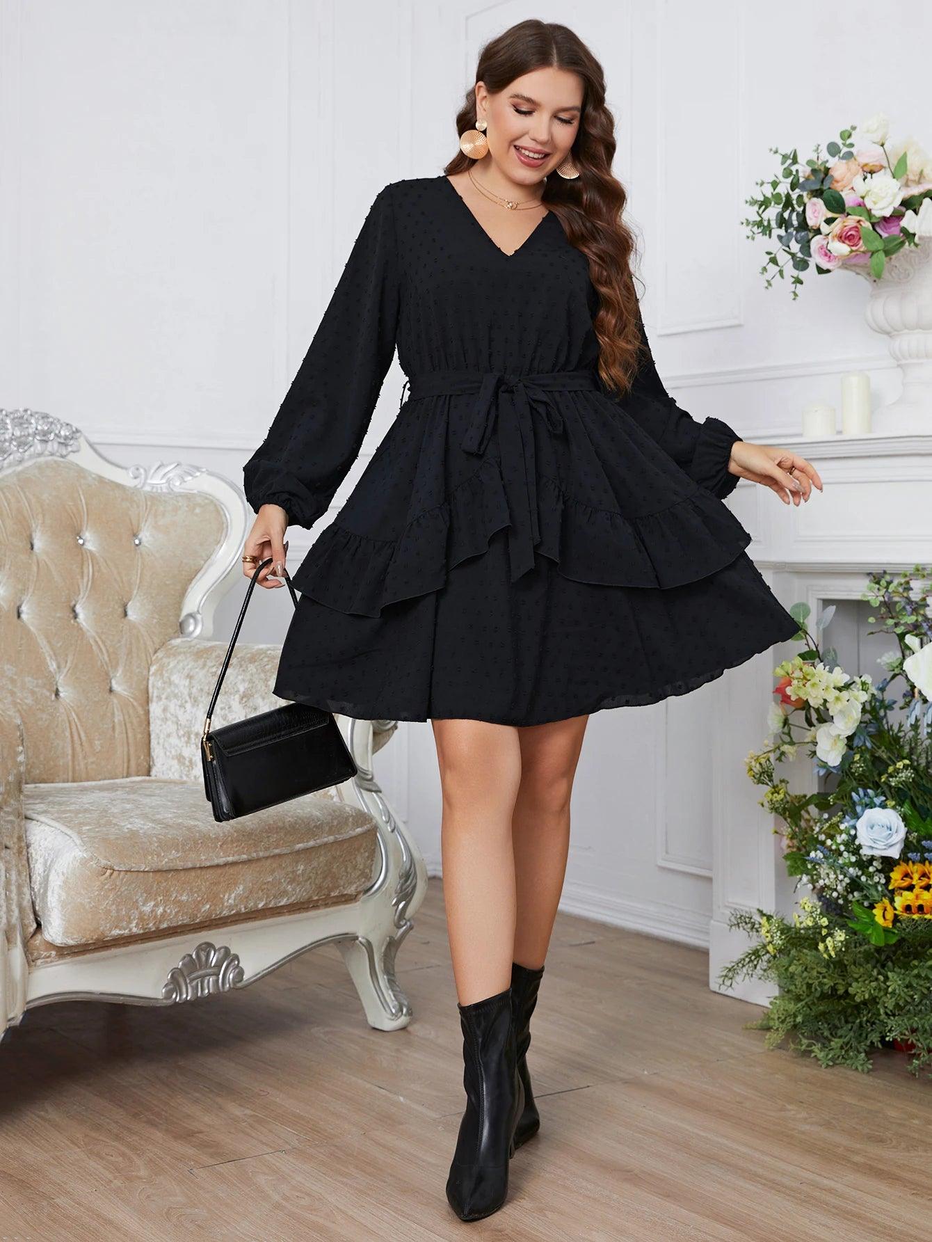 Plus Size Long Sleeve V-Neck Black Dress - Modiva Modiva Plus Size Long Sleeve V-Neck Black Dress