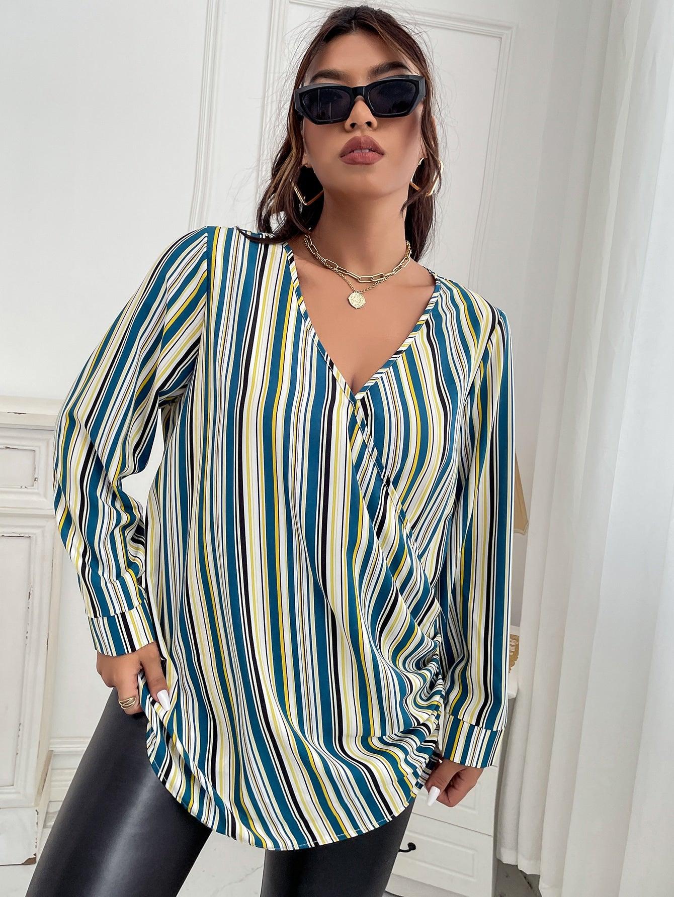 Plus Size Blue & Yellow Long Sleeve Blouse - Modiva Modiva Plus Size Blue & Yellow Long Sleeve Blouse