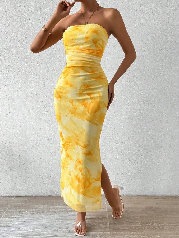 Yellow Marble Strapless Maxi Dress 