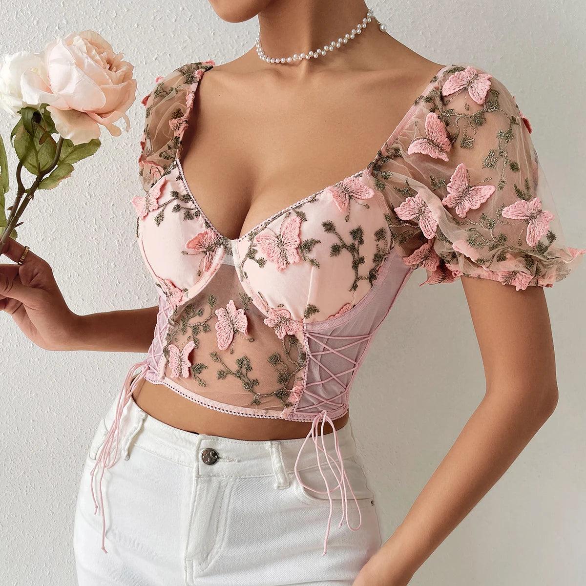 Butterfly Mesh Cropped Corset Top