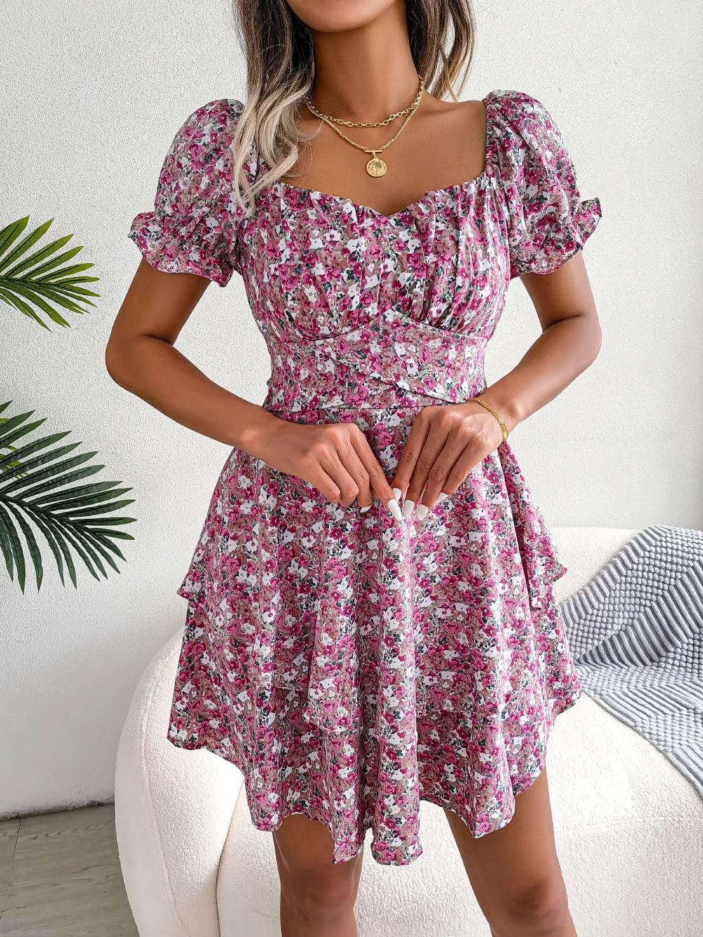 Floral Ruffled Short Sleeve Midi Dress