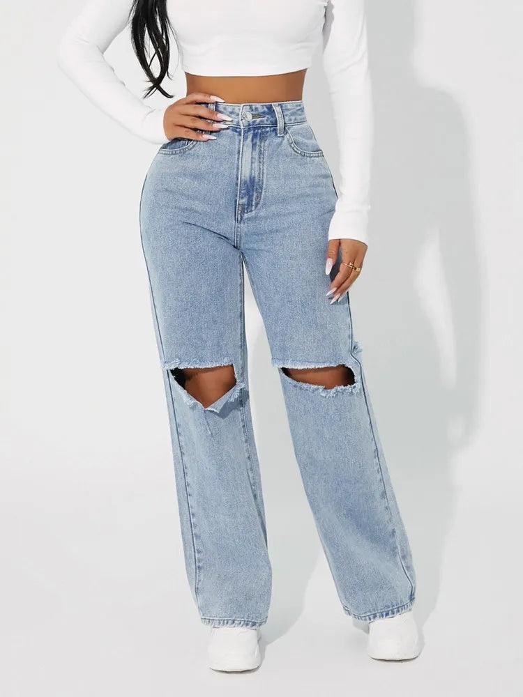 Blue High Waisted Ripped Knee Jeans