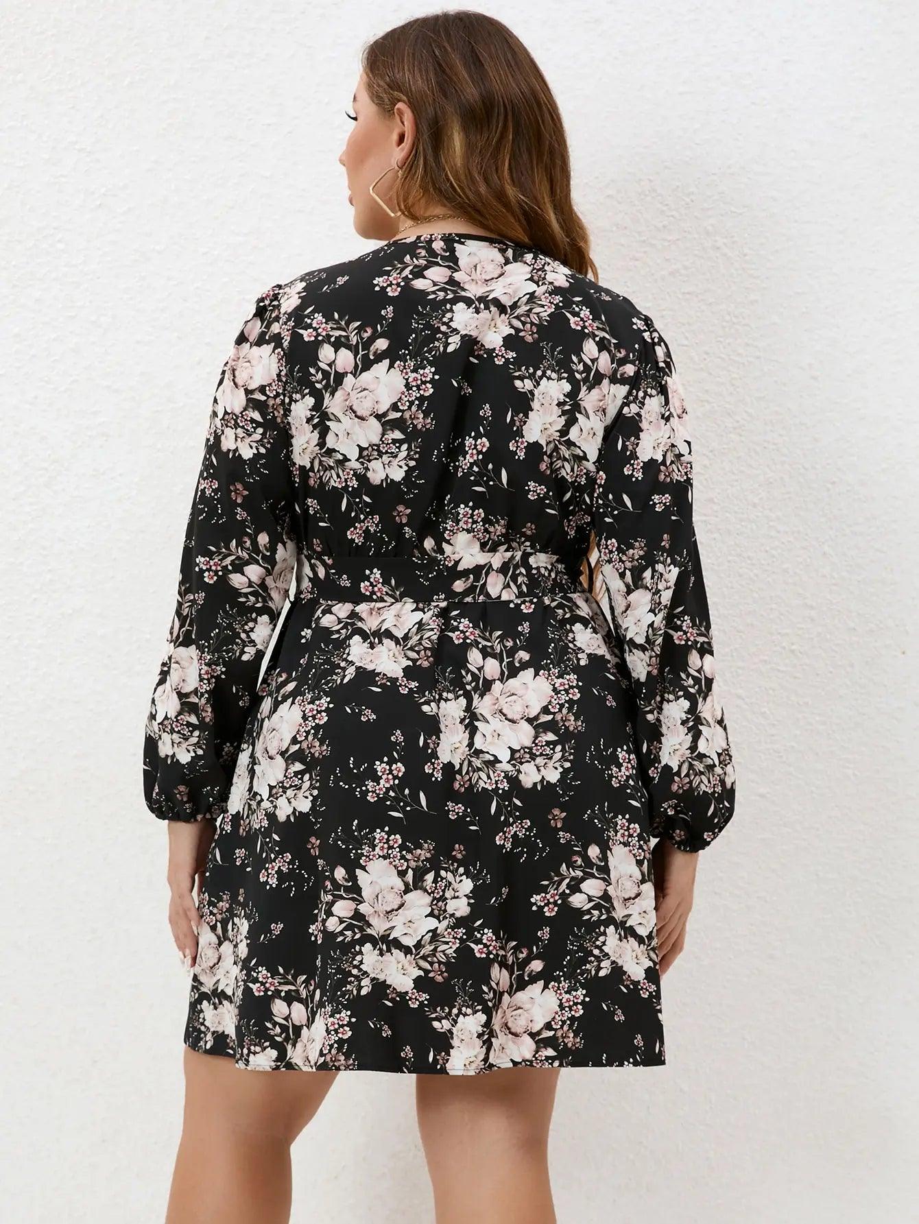 Plus Size Long Sleeve Floral Midi Dress - Modiva Modiva Plus Size Long Sleeve Floral Midi Dress