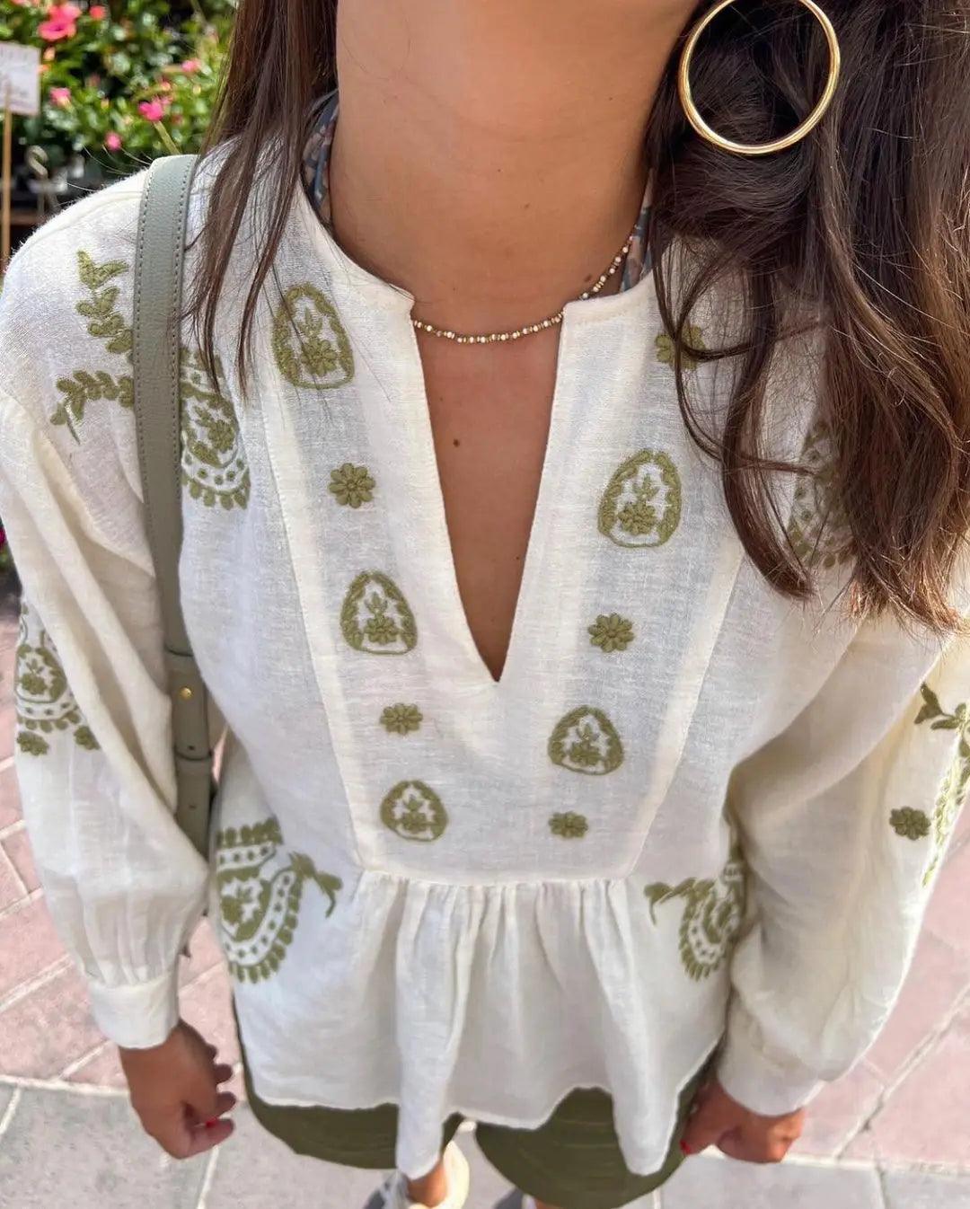 Long Sleeve Embroidery V-Neck Blouse