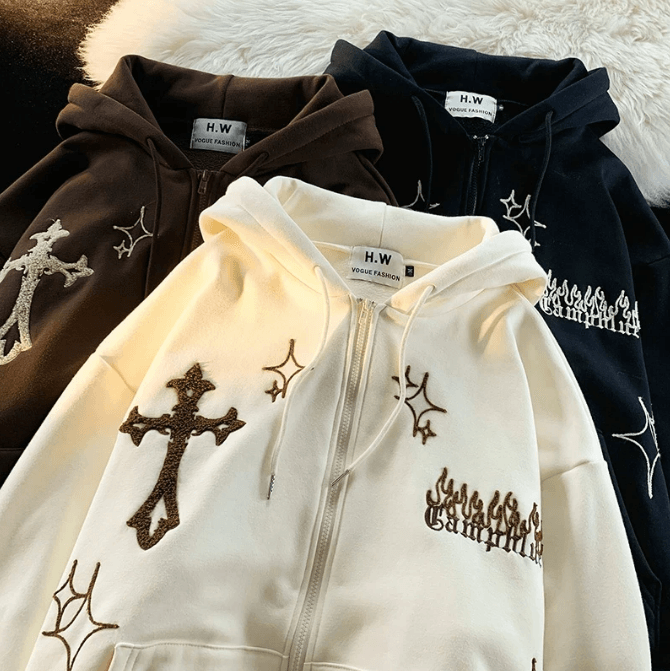 Embroidery Zip-Up Hoodie - Modiva My Store Hoodies/Sweaters Embroidery Zip-Up Hoodie