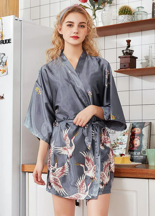 Silk Robe & Matching Night Dress - Modiva M / Grey Robe My Store Sets Silk Robe & Matching Night Dress