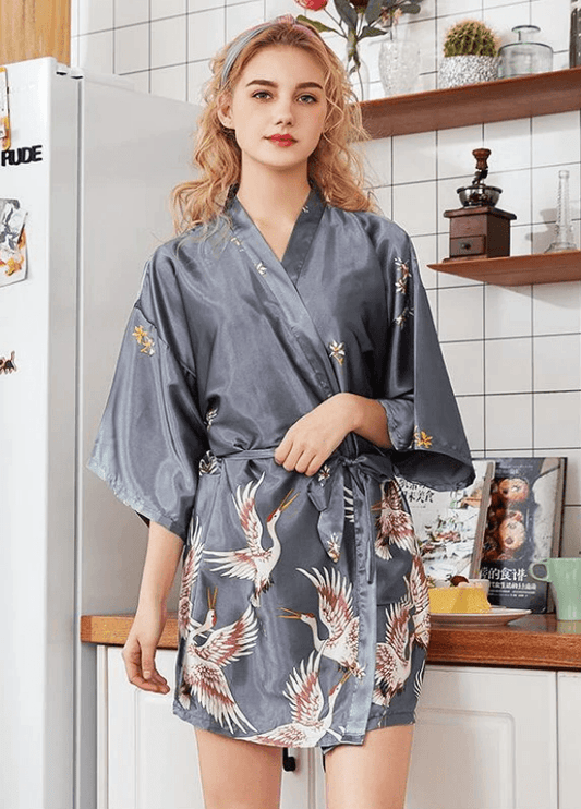 Silk Robe & Matching Night Dress - Modiva M / Grey Robe My Store Sets Silk Robe & Matching Night Dress