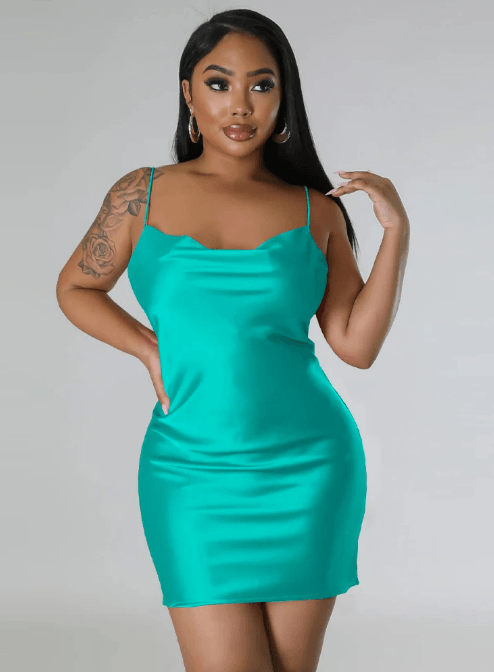 Satin Silk Mini Dress - Modiva S / Blue My Store Satin Silk Mini Dress