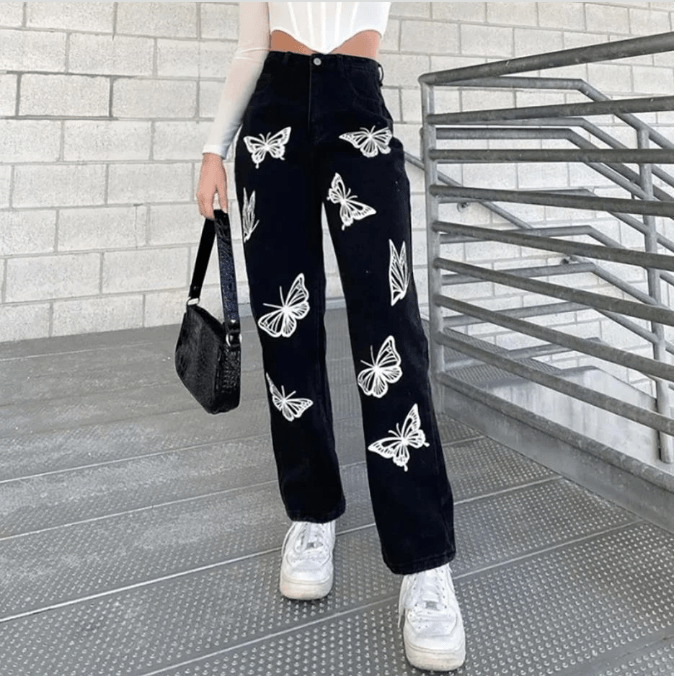 Butterfly Print Denim Jeans - Modiva S / Black & White My Store Butterfly Print Denim Jeans