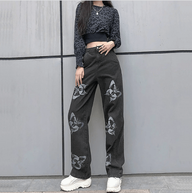 Butterfly Print Denim Jeans - Modiva S / Grey & White My Store Butterfly Print Denim Jeans