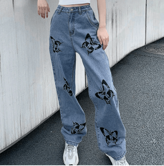 Butterfly Print Denim Jeans - Modiva S / Blue & Black My Store Butterfly Print Denim Jeans