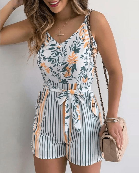 Summer Short Sleeve Jumpsuit - Modiva S / White & Yellow Striped My Store Summer Short Sleeve Jumpsuit