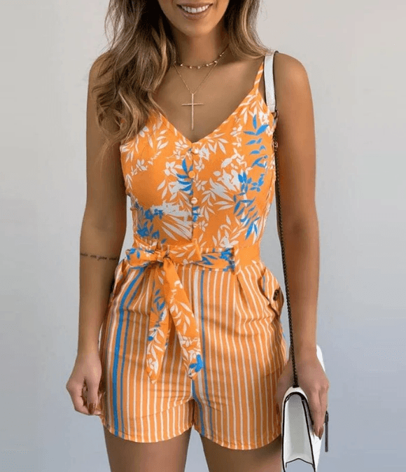 Summer Short Sleeve Jumpsuit - Modiva S / Orange & Blue Striped My Store Summer Short Sleeve Jumpsuit