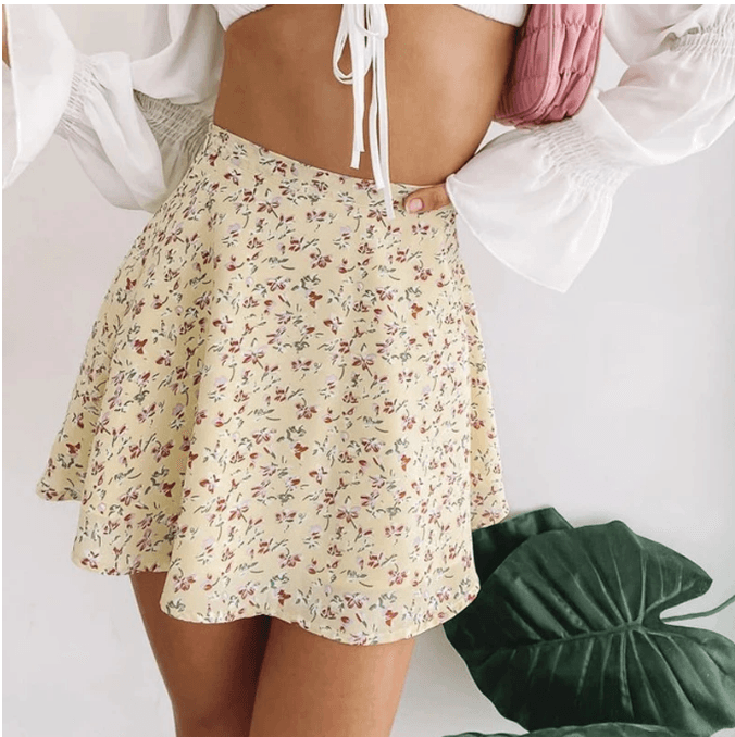 Floral Print High Waisted Mini Skirt - Modiva S / Creme My Store Floral Print High Waisted Mini Skirt