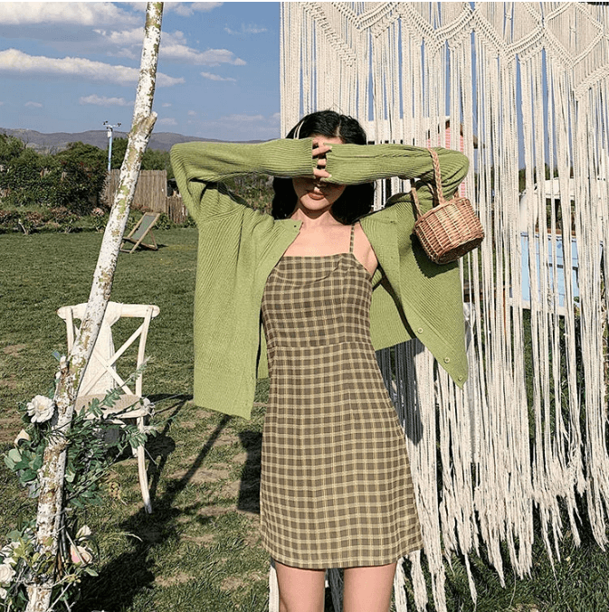 Green Chequered Midi Dress - Modiva My Store Green Chequered Midi Dress