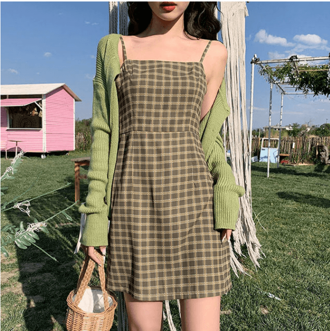 Green Chequered Midi Dress - Modiva My Store Green Chequered Midi Dress