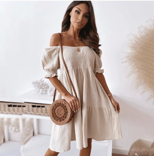 Short Sleeved Off The Shoulder Midi Dress - Modiva S / Beige My Store Short Sleeved Off The Shoulder Midi Dress