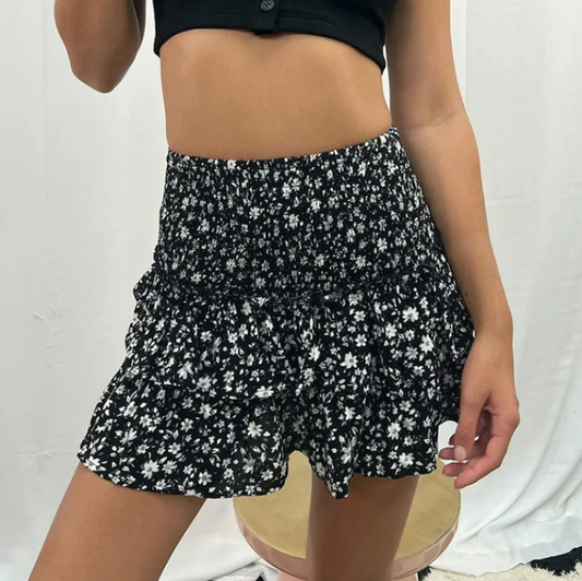Pleated Elastic Waist Mini Skirt - Modiva S / Black Floral My Store Pleated Elastic Waist Mini Skirt