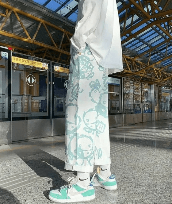 Cartoon Graffiti Style Straight Leg Jeans - Modiva S / White & Blue My Store Cartoon Graffiti Style Straight Leg Jeans