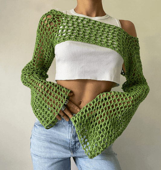 Knitted Long Sleeve Mesh Top - Modiva S / Green Modiva Knitted Long Sleeve Mesh Top