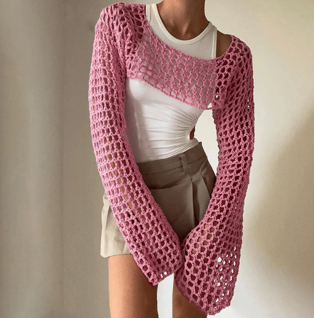 Knitted Long Sleeve Mesh Top - Modiva S / Pink Modiva Knitted Long Sleeve Mesh Top