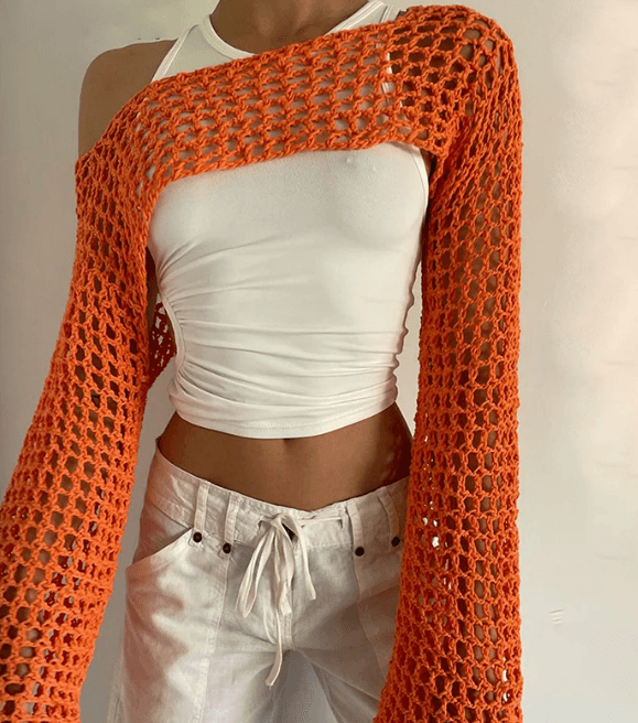 Knitted Long Sleeve Mesh Top - Modiva S / Orange Modiva Knitted Long Sleeve Mesh Top