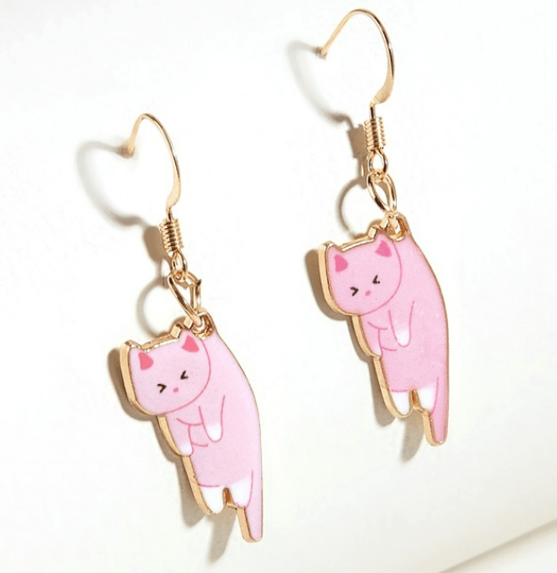 Kitten Dangle Earrings - Modiva Pink & White Modiva Kitten Dangle Earrings